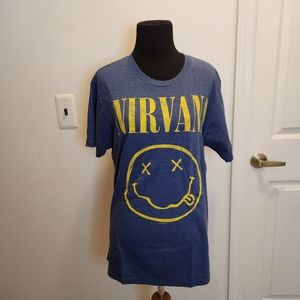 Nirvana Band Smile Face Medium Navy Blue Yellow Short Sleeve Tee Shirt
